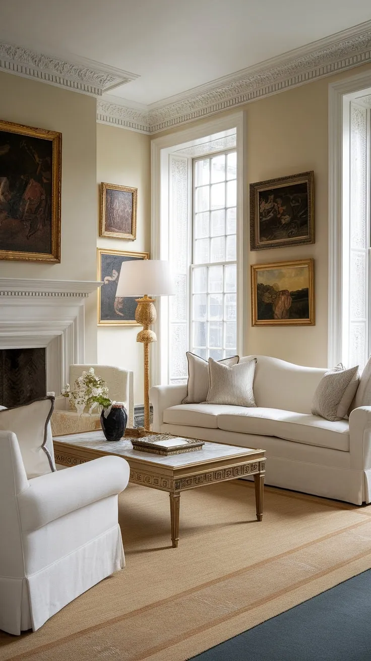 Bathed in the soft glow of the gold chandelier, this neoclassical living room exudes timeless elegance. The crisp white furniture, accented by the warm beige rug and gold detailing, creates a space of refined comfort and understated luxury. A perfect sanctuary for quiet contemplation and cherished moments.