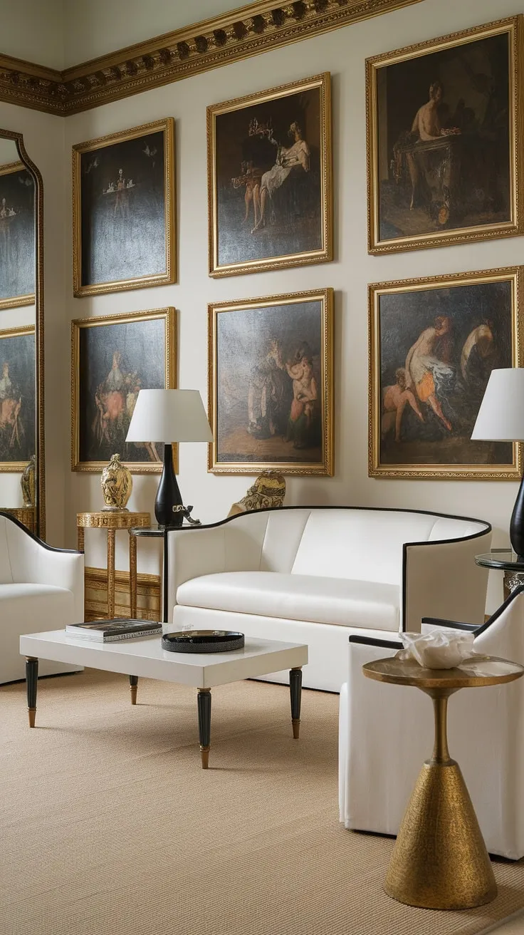 Elegance redefined. The interplay of crisp white furniture, rich gold accents, and classical artwork creates a living room that is both serene and undeniably opulent. A testament to timeless design.
