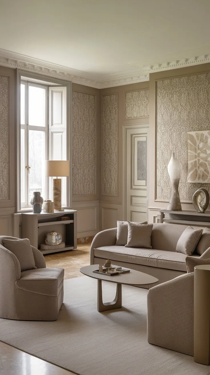 Elegance redefined. This neoclassical space effortlessly blends beige and grey tones, creating a haven of understated luxury. The carefully chosen furniture and accessories, including the console table and statement lamp, contribute to the room's refined and tranquil ambiance. A testament to timeless design.