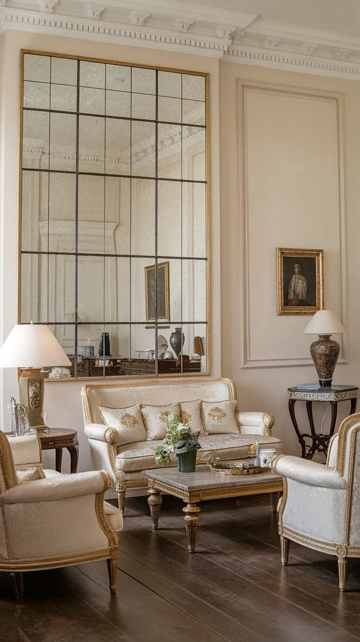 Bathed in sunlight, this neoclassical living room exudes refined luxury. The rich textures and gilded details, from the ornate mirror to the subtle gold leaf on the sofas, create a space of unparalleled beauty and calm. A sanctuary of understated grandeur.