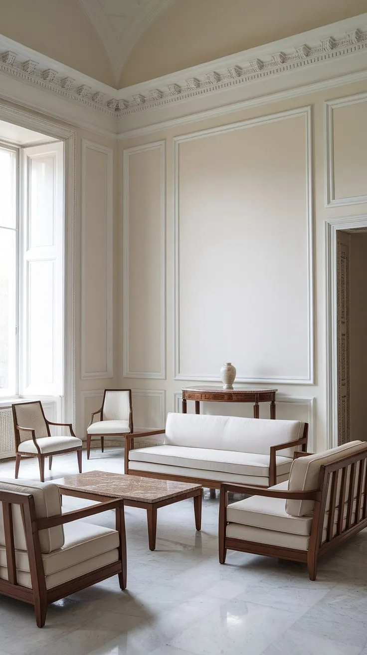 Architectural details and carefully chosen furnishings combine to create a breathtaking neoclassical living room. The symmetry of the sofas, the gleam of the marble, and the soft light filtering through the window all contribute to an atmosphere of understated luxury and tranquil beauty. A truly inspiring space.