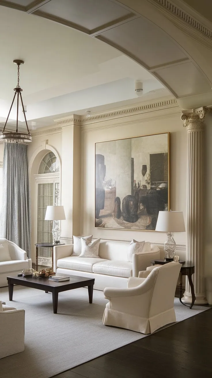 Timeless elegance reigns in this neoclassical living room. The interplay of light and shadow, accentuated by the high ceilings and dark wood floors, creates an atmosphere of refined sophistication. A symphony of architectural details, from the graceful Ionic column to the curved archway, perfectly complements the classic furniture and artwork, resulting in a space that is both grand and inviting.