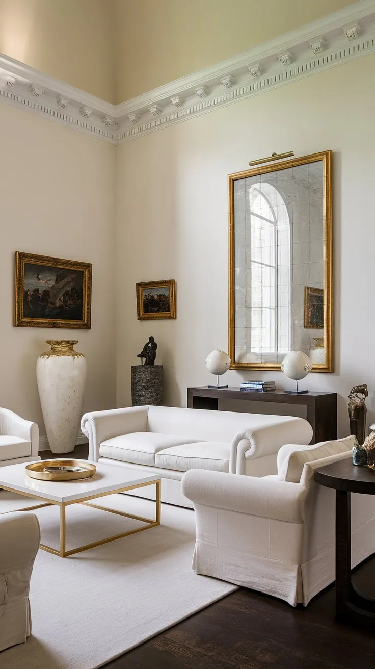 This neoclassical haven exudes refined sophistication. The interplay of light and dark, the subtle textures, and the carefully chosen details-from the ornate gold frames to the graceful lines of the furniture-create a harmonious and inviting atmosphere. A testament to classic elegance, this space is both breathtaking and effortlessly chic.
