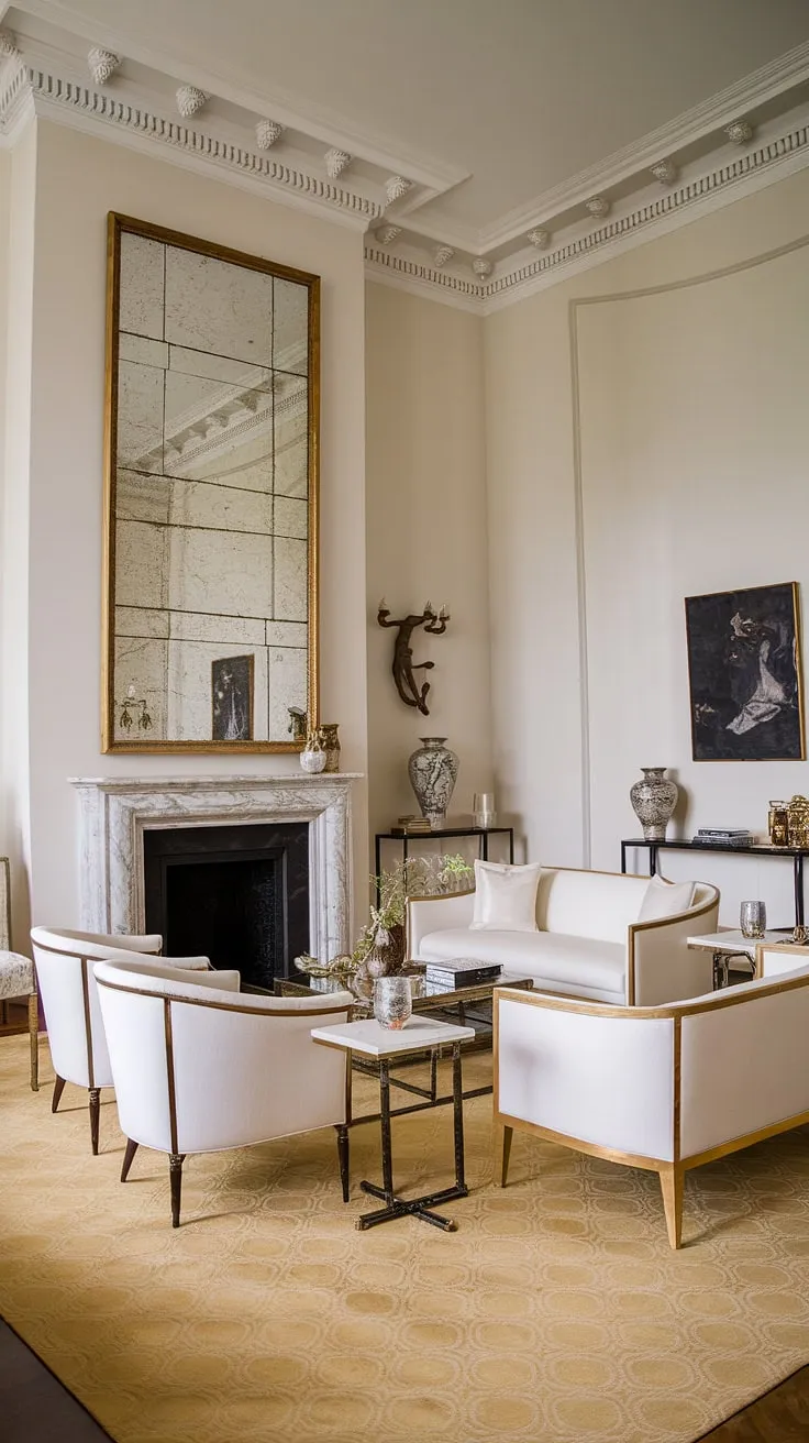 A breathtaking neoclassical sanctuary. The interplay of light and shadow, the luxurious gold detailing against the pristine white, and the imposing black fireplace all contribute to an atmosphere of refined sophistication. A space designed for both comfort and contemplation.