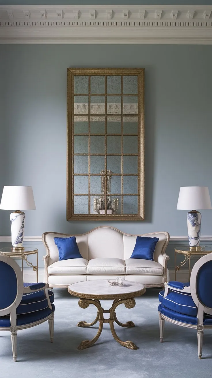 Bathed in soft light, this neoclassical living room exudes sophistication. The interplay of white, blue, and gold creates a harmonious palette, while the high ceilings and grand mirror amplify the sense of space and grandeur. A sanctuary of calm and understated luxury.