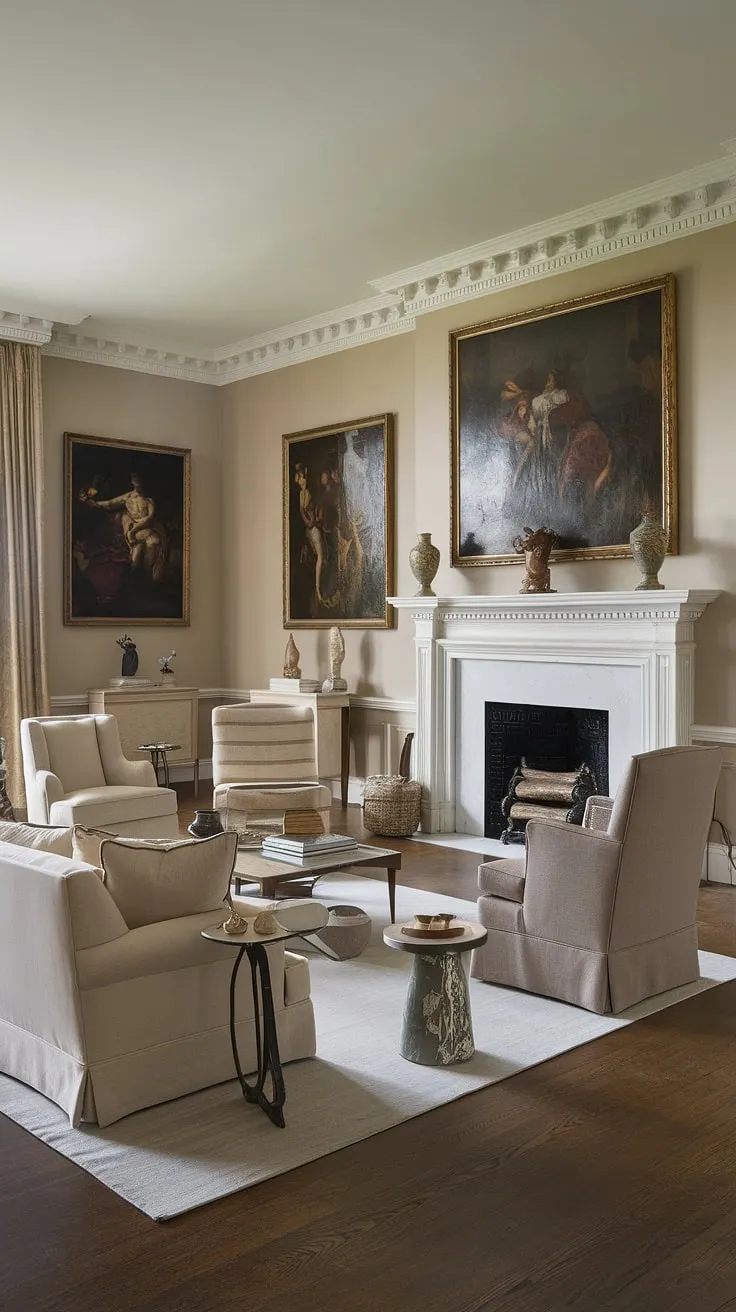 Bathed in the soft glow of afternoon light, this neoclassical living room exudes timeless elegance. The creamy beige sofa invites relaxation, while the dark wood floors and classic paintings create a sense of refined history. A perfect setting for quiet contemplation and cherished conversations. A sense of calm pervades the space.