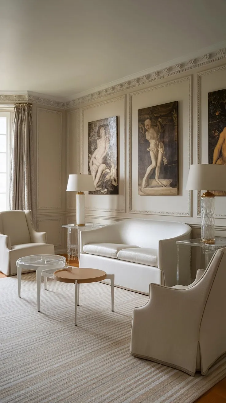 Elegant simplicity defines this neoclassical living room. The soft beige and white palette, accented by classical artwork and subtle textures, creates a serene and sophisticated atmosphere. A perfect blend of timeless design and modern comfort.