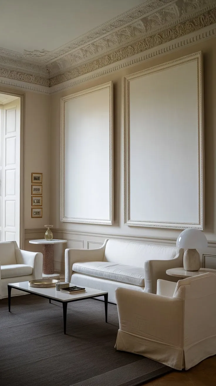 Classical elegance redefined. The crisp white sofa and armchairs, complemented by the dark grey rug and intricate ceiling details, create a serene atmosphere. A perfect blend of old-world charm and modern comfort, this living room is a testament to timeless design. The carefully curated artwork and strategically placed lighting complete the picture, showcasing a space where sophistication meets tranquility.