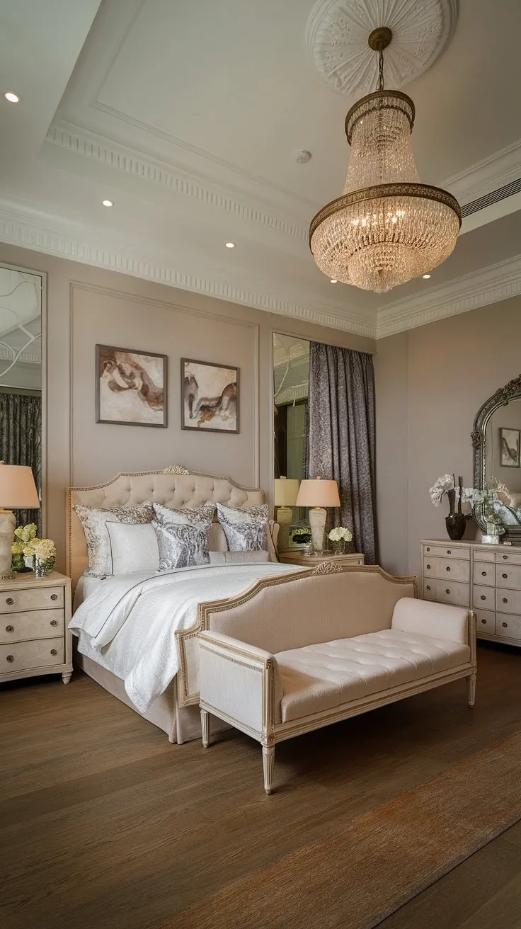 Indulge in the timeless elegance of this neoclassical master bedroom. The high ceilings, ornate chandelier, and luxurious furnishings create a sanctuary of sophisticated comfort, a true testament to refined living. A haven of peace and tranquility awaits.