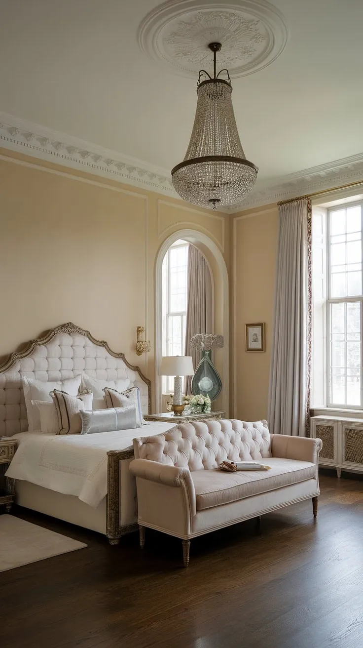 Escape to this haven of serenity. A meticulously designed neo-classical master bedroom, complete with a luxurious king-size bed and elegant details, offers a tranquil retreat. The soft beige walls and large window, draped in flowing white curtains, bathe the space in natural light, creating a truly peaceful ambiance.