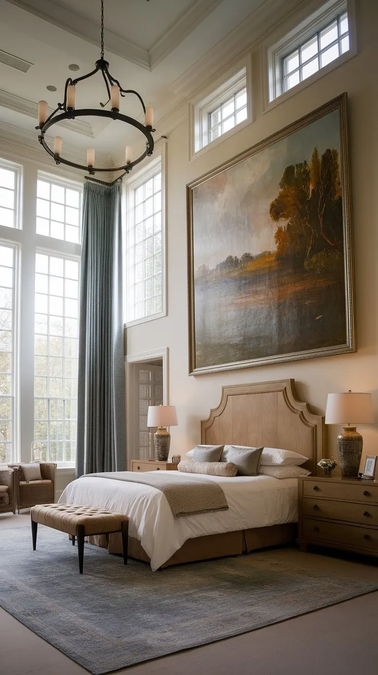 This neoclassical haven boasts soaring ceilings and expansive windows, bathing the opulent king-size bed in natural light. The carefully chosen furnishings, from the handcrafted wooden headboard to the plush rug, contribute to an ambiance of timeless elegance and understated grandeur. A space designed for peaceful escape.