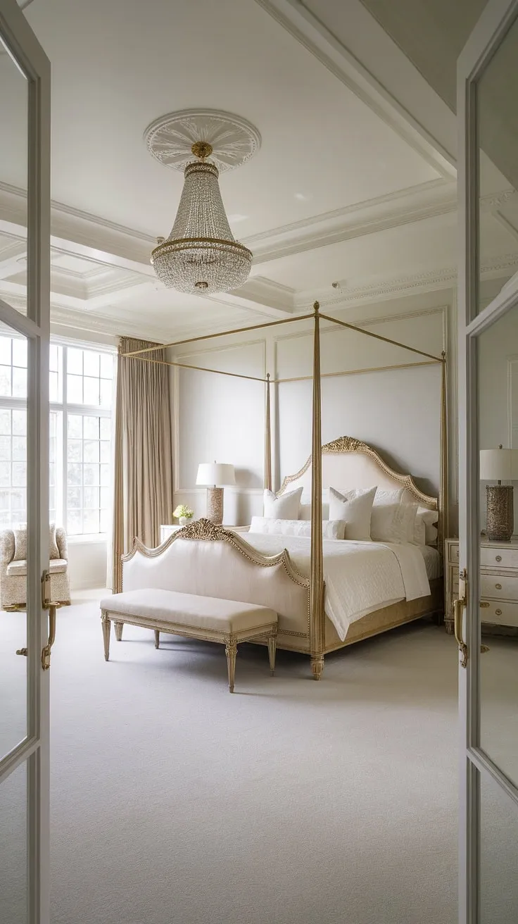 Step into a world of refined luxury. This neoclassical haven boasts a breathtaking master suite, where sunlight streams through expansive windows, illuminating the meticulously crafted details – from the gilded bed frame to the exquisite chandelier. A testament to sophisticated living.