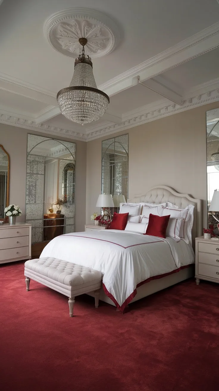 Escape to this sanctuary of sophisticated comfort. The grand scale of the room, highlighted by the stunning chandelier and king-size bed, is balanced by the subtle elegance of the grey walls and luxurious red accents. A true masterpiece of neoclassical design.