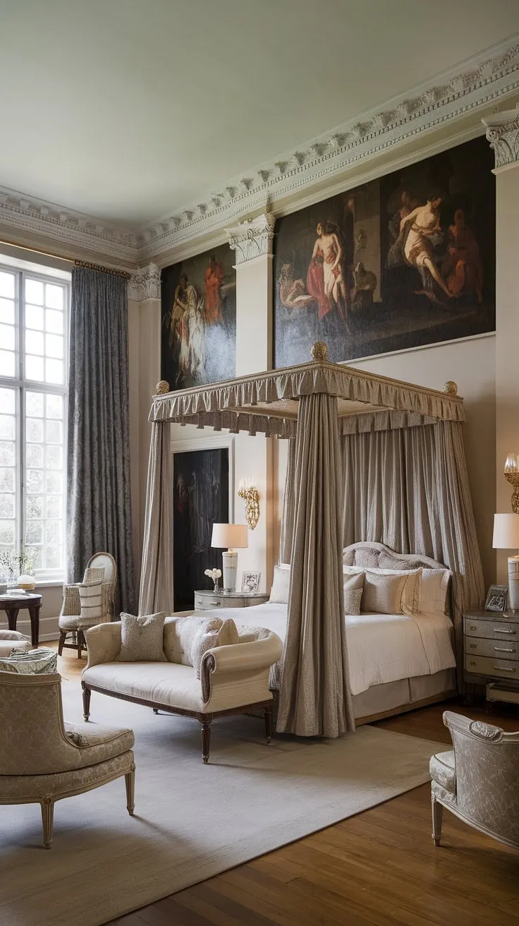 Step into a world of refined opulence. This neo-classical master bedroom, with its grand canopy bed and exquisite artwork, offers a sanctuary of unparalleled comfort and beauty. A perfect blend of history and modern luxury, it's a space designed for relaxation and rejuvenation. A true masterpiece of interior design.
