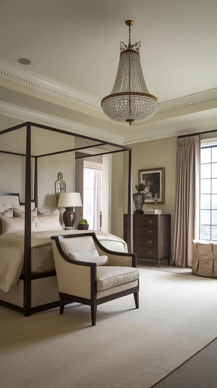 Escape to this haven of sophisticated tranquility. The meticulously crafted details, from the perfectly placed chair to the elegant chest of drawers, speak to a life lived with understated luxury. A space designed for restful nights and peaceful mornings.