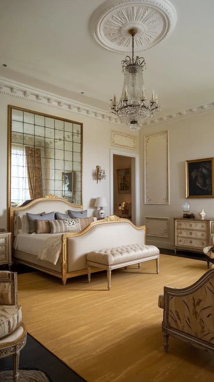 Indulge in the opulence of this neo-classical master bedroom. The gilded bed frame, shimmering rug, and grand mirror create an atmosphere of unparalleled luxury, a sanctuary where dreams are spun in threads of gold. A testament to refined taste and timeless elegance.