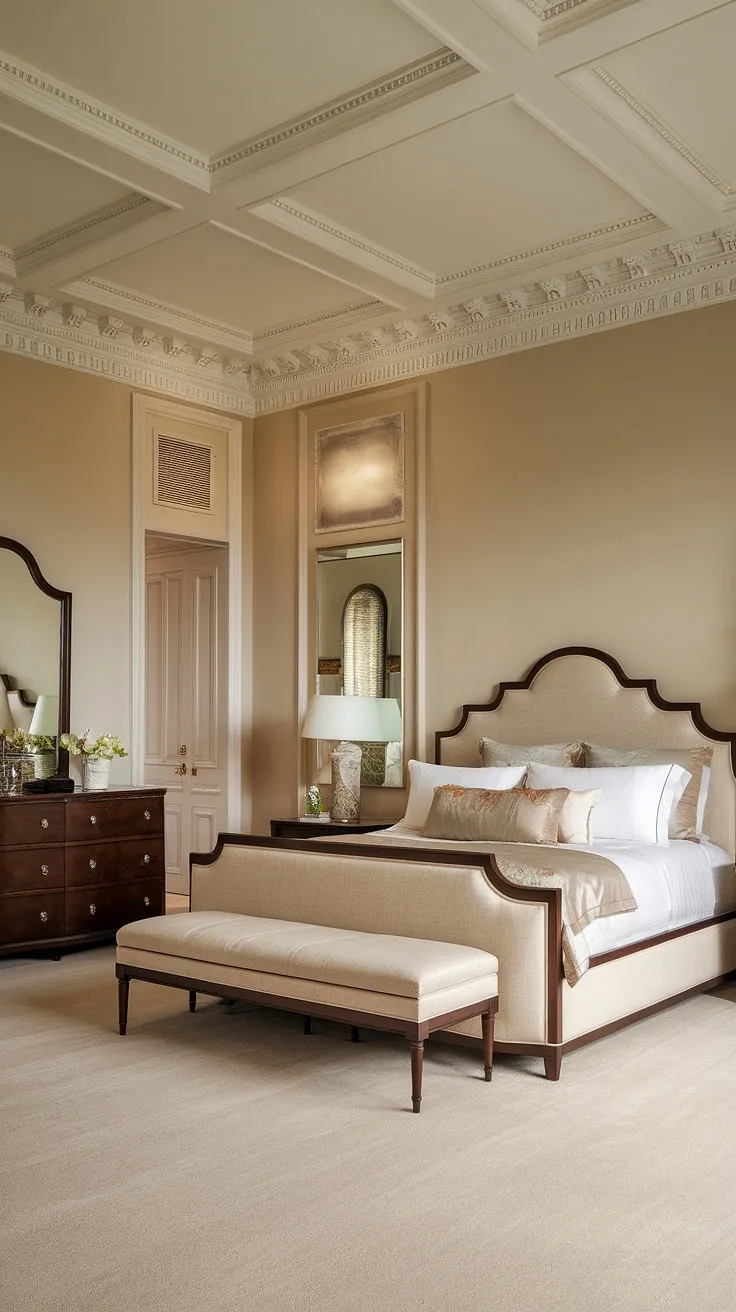 A masterfully designed neo-classical retreat. The calming beige palette, complemented by the dark wood accents and plush king-size bed, offers a haven of sophisticated comfort and timeless style. A perfect escape from the everyday.