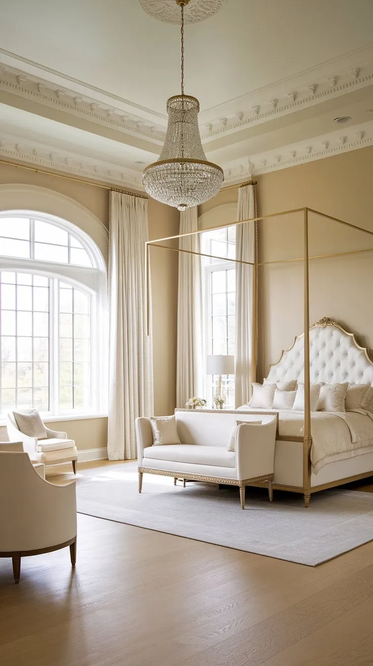 Indulge in the serene elegance of this neo-classical master bedroom. The high ceilings, large windows, and luxurious details create a haven of tranquility, perfectly complemented by the soft beige walls and gleaming hardwood floors. A testament to refined living.