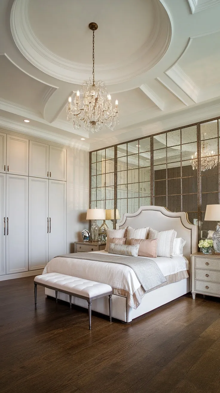 Escape to this breathtaking neoclassical haven. A king-size bed, a majestic wardrobe with bronze detailing, and shimmering gold accents all contribute to the unparalleled elegance of this master suite. A true testament to timeless design and luxurious living.