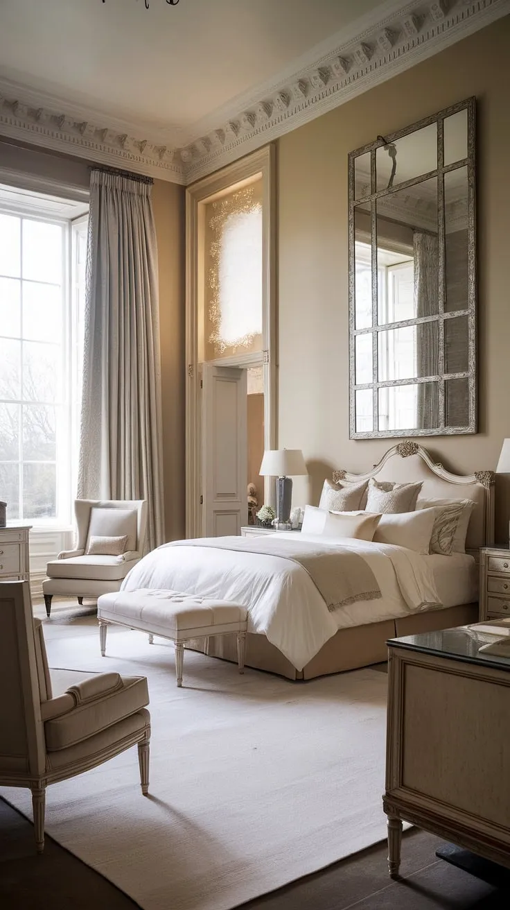 Escape to this sanctuary of sophisticated style. This neoclassical master bedroom boasts a king-size bed draped in crisp white linens, inviting you to sink into a world of comfort. The large windows bathe the room in natural light, while the elegant chandelier adds a touch of glamour. A plush reading chair beckons you to curl up with a good book, completing this picture of refined luxury and understated elegance.