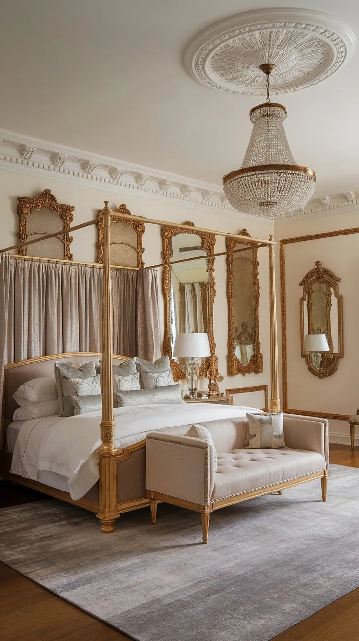 Indulge in the opulence of this neoclassical master bedroom. The king-size canopy bed, adorned with golden accents, sits majestically upon a plush rug, reflecting the shimmering light from the ornate gold frames and chandelier. A sense of regal grandeur permeates every detail, creating an atmosphere of unparalleled luxury. This is where dreams are made of.
