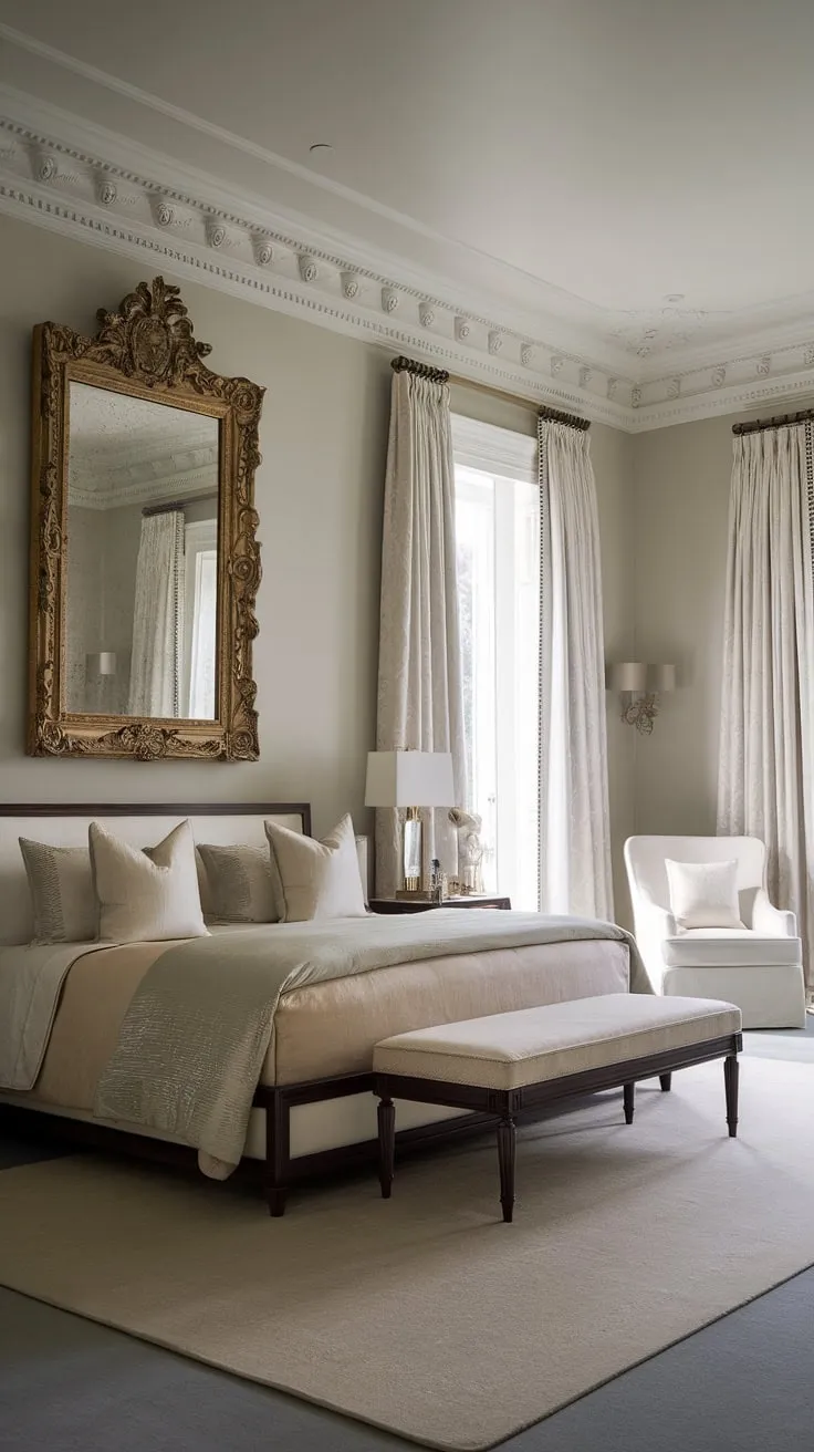 Escape to this sanctuary of sophisticated style. The king-size bed, adorned with luxurious linens, invites restful slumber in this exquisitely decorated neo-classical bedroom. Every detail, from the dark wood frame to the elegant chair, speaks of timeless beauty and understated luxury.