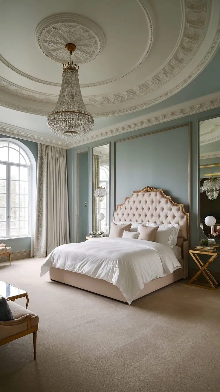 Indulge in the serenity of this neoclassical master bedroom. The high ceilings, intricate moldings, and soft blue walls create an atmosphere of refined elegance, perfectly complemented by the luxurious king-size bed and shimmering gold accents. A true sanctuary of calm and sophisticated style.