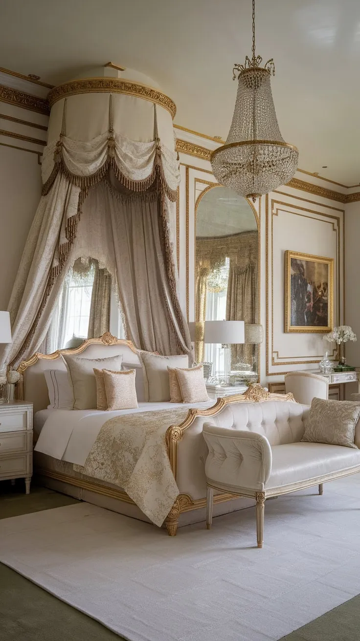 Indulge in the opulent embrace of this neoclassical master bedroom. The intricate gold and white canopy bed, complemented by a shimmering chandelier and luxurious gold accents, creates an atmosphere of refined elegance. A testament to timeless beauty and sophisticated design.