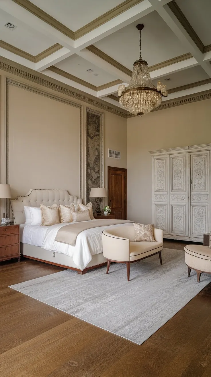 This neoclassical masterpiece is the epitome of sophisticated bedroom design. The carefully curated details, from the ornate white cabinet to the warm glow of the chandelier, combine to create a space that is both breathtakingly beautiful and supremely comfortable. A haven of tranquility and refined taste.