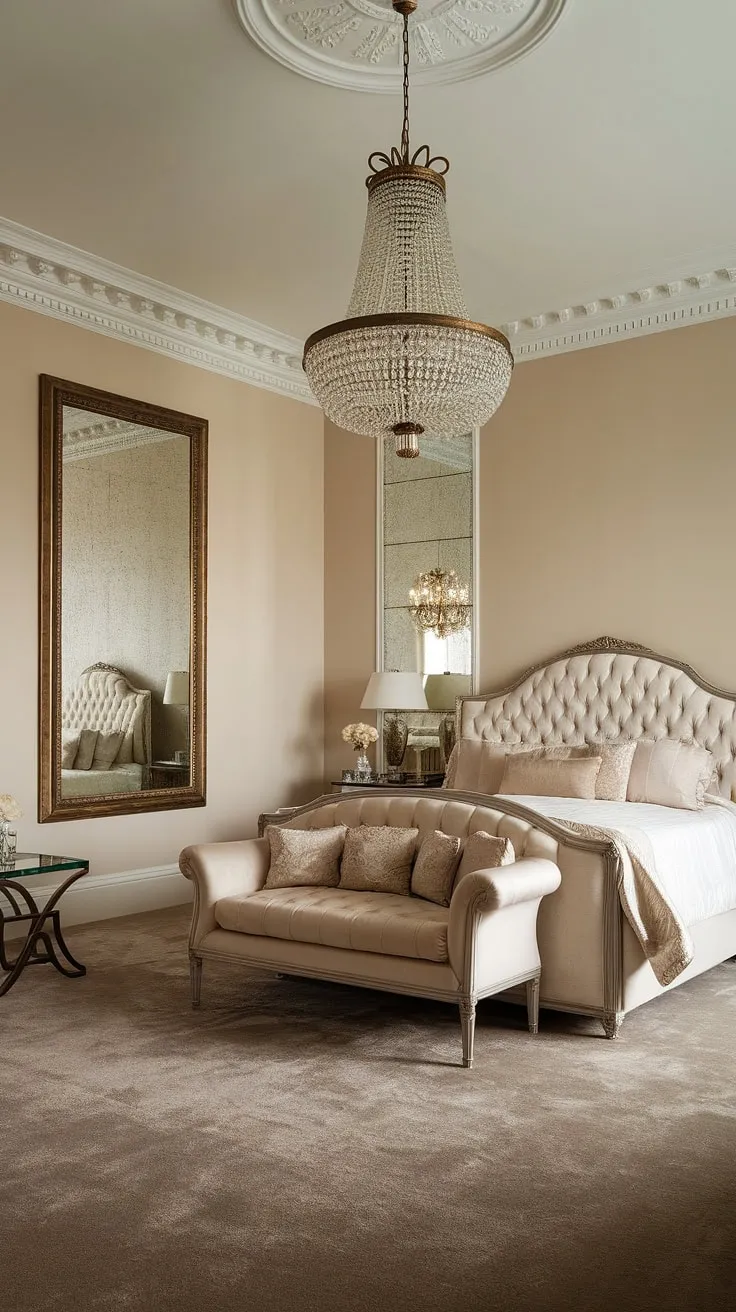 Indulge in the timeless elegance of this neo-classical master bedroom. The plush textures, opulent details, and soft beige palette create a sanctuary of refined comfort, a true testament to luxurious living. A breathtaking chandelier illuminates the king-size bed, while a large gold-framed mirror adds a touch of grandeur. A perfect escape.