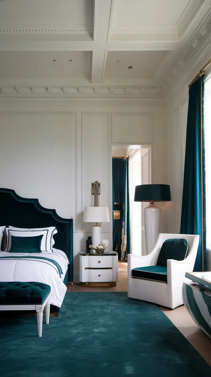 Indulge in the serene elegance of this neoclassical master bedroom. The rich dark green accents, against the crisp white walls and high ceilings, create a haven of sophisticated calm. A testament to refined taste and luxurious comfort.