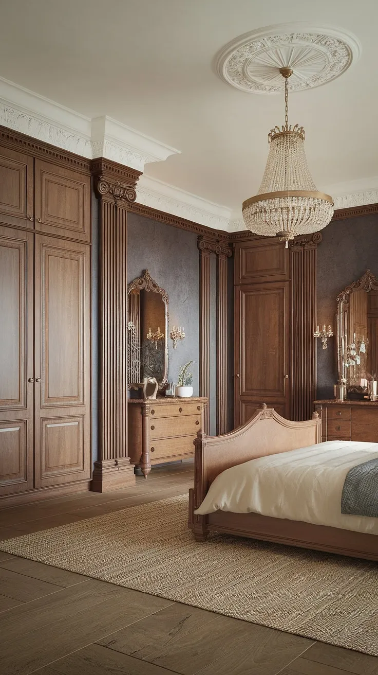 Step into a world of refined luxury. This neoclassical haven boasts a king-sized bed, ornate wardrobe, and exquisite detailing, all contributing to an ambiance of timeless sophistication and royal comfort. A true sanctuary for the discerning eye.