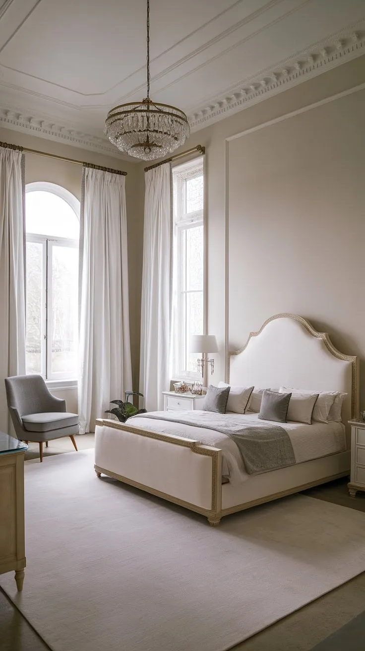 Indulge in the timeless beauty of this neo-classical haven. The meticulously crafted details, from the elegant chandelier to the plush gray bedding, speak to a refined aesthetic. A space designed for relaxation and rejuvenation, where every element contributes to a sense of peaceful tranquility.