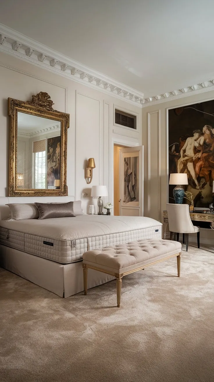 Indulge in the timeless elegance of this neoclassical master bedroom. The plush textures, ornate gold mirror, and classical artwork create a sanctuary of refined luxury. A haven of peace and tranquility awaits.