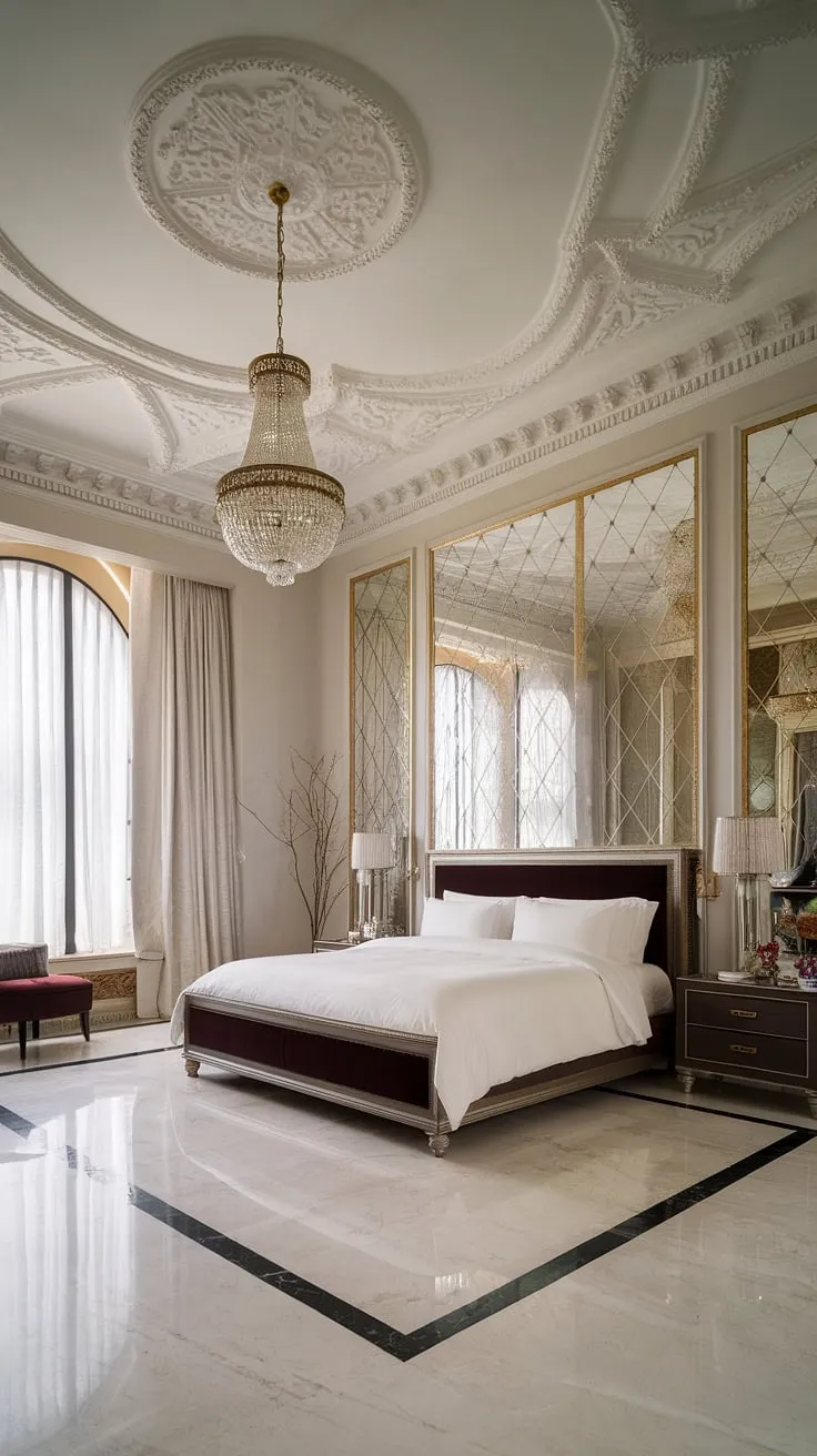 Indulge in the opulence of this neoclassical master bedroom. The intricate plasterwork, grand chandelier, and gleaming marble floors create an atmosphere of timeless elegance, a sanctuary where dreams are born and cherished. A haven of refined luxury awaits.