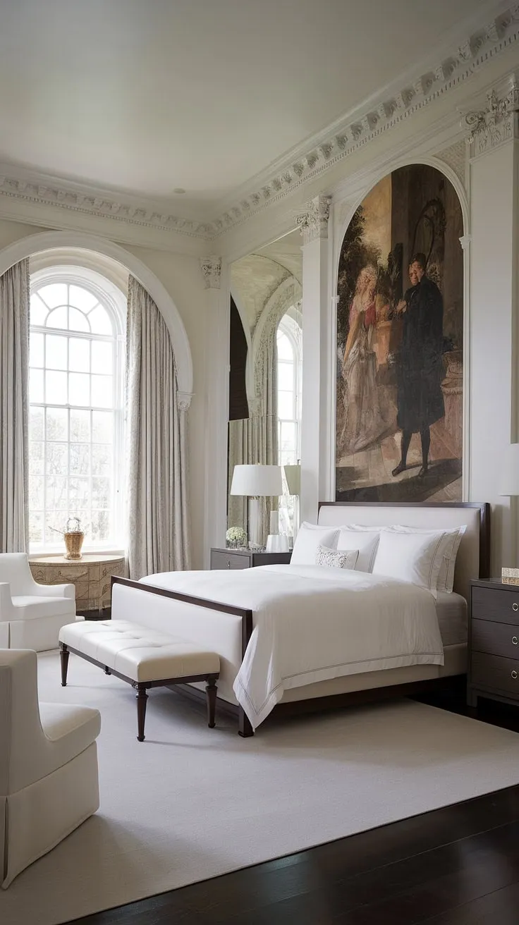This neoclassical haven is the epitome of refined living. The rich dark wood contrasts beautifully with the crisp white linens and walls, creating a space that is both calming and inspiring. A testament to timeless design and unparalleled craftsmanship.