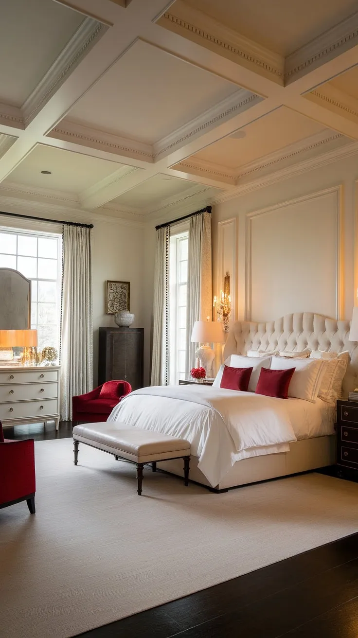 Escape to this sanctuary of refined taste. The high ceilings and abundant natural light enhance the feeling of spaciousness and serenity in this exquisitely decorated neoclassical bedroom. Every detail, from the plush bedding to the carefully chosen furnishings, speaks to a life lived with effortless grace.