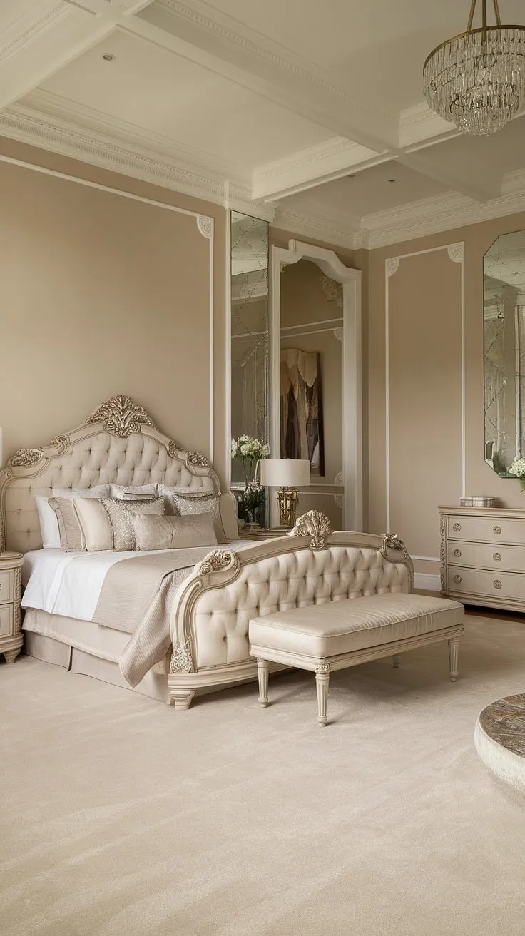 Indulge in the timeless elegance of this Neo-Classicist master bedroom. The intricately carved headboard, complemented by the matching dresser and nightstand, creates a sanctuary of refined luxury. A large mirror reflects the soft beige walls and ornate white moldings, enhancing the sense of spaciousness and calm. This is where dreams are made, and where waking up feels like a privilege.