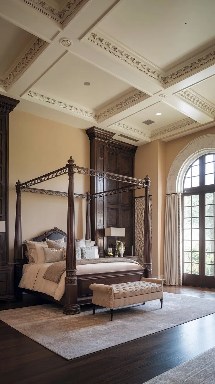 Indulge in the opulence of this neo-classical master suite. A haven of tranquility, the room boasts a grand four-poster bed, exquisite architectural details, and custom-built dark wood cabinetry. The soft beige walls and plush rug create a warm and inviting atmosphere, while the large window allows for abundant natural light. A perfect example of sophisticated living.