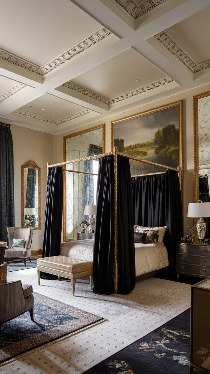 Escape to this haven of refined luxury. A symphony of gold accents, plush fabrics, and masterful artistry defines this neoclassical masterpiece. The grandeur of the high ceilings and the intricate details, from the ornate bed frame to the carefully chosen artwork, create an ambiance of unparalleled sophistication and comfort. A true testament to the enduring allure of classic design.