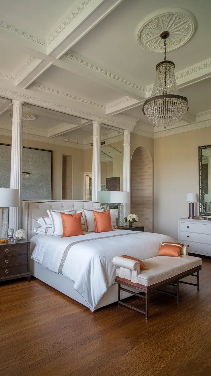 Indulge in the opulent serenity of this neo-classical master bedroom. The high ceilings, ornate moldings, and shimmering chandelier create an atmosphere of timeless elegance, perfectly complemented by the luxurious bedding and rich wood furnishings. A sanctuary of sophisticated comfort awaits.