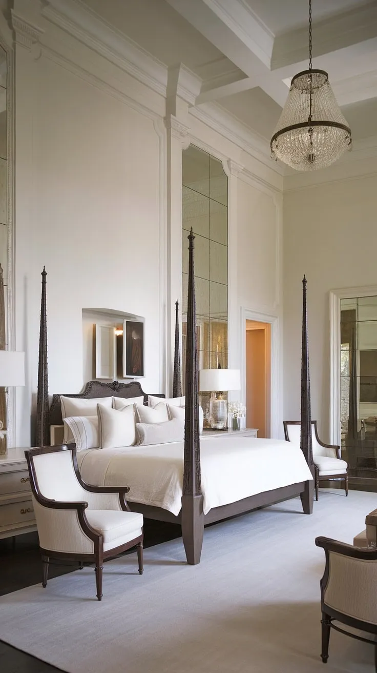 Step into serenity. This neoclassical master bedroom, with its high ceilings and rich dark wood floors, offers a haven of understated luxury. The elegant four-poster bed, complemented by plush seating and shimmering mirrors, creates a space of timeless beauty and refined comfort. A perfect sanctuary for restful nights and peaceful mornings.