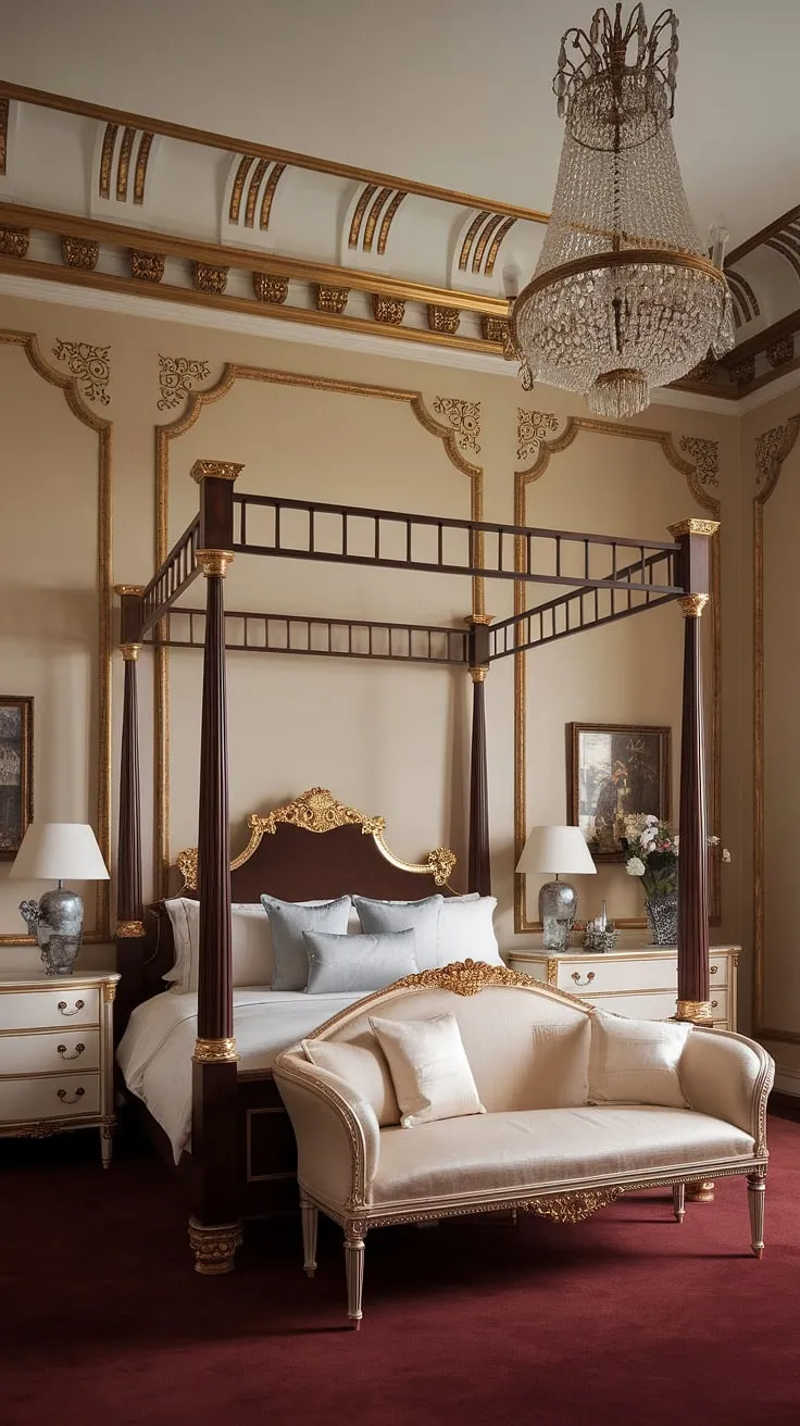 Indulge in regal slumber within this neoclassical master bedroom. The rich textures, from the dark wood canopy bed to the plush crimson carpet, create an atmosphere of unparalleled luxury. Gold accents and intricate detailing throughout elevate the space to a haven of refined elegance. A true testament to timeless design.