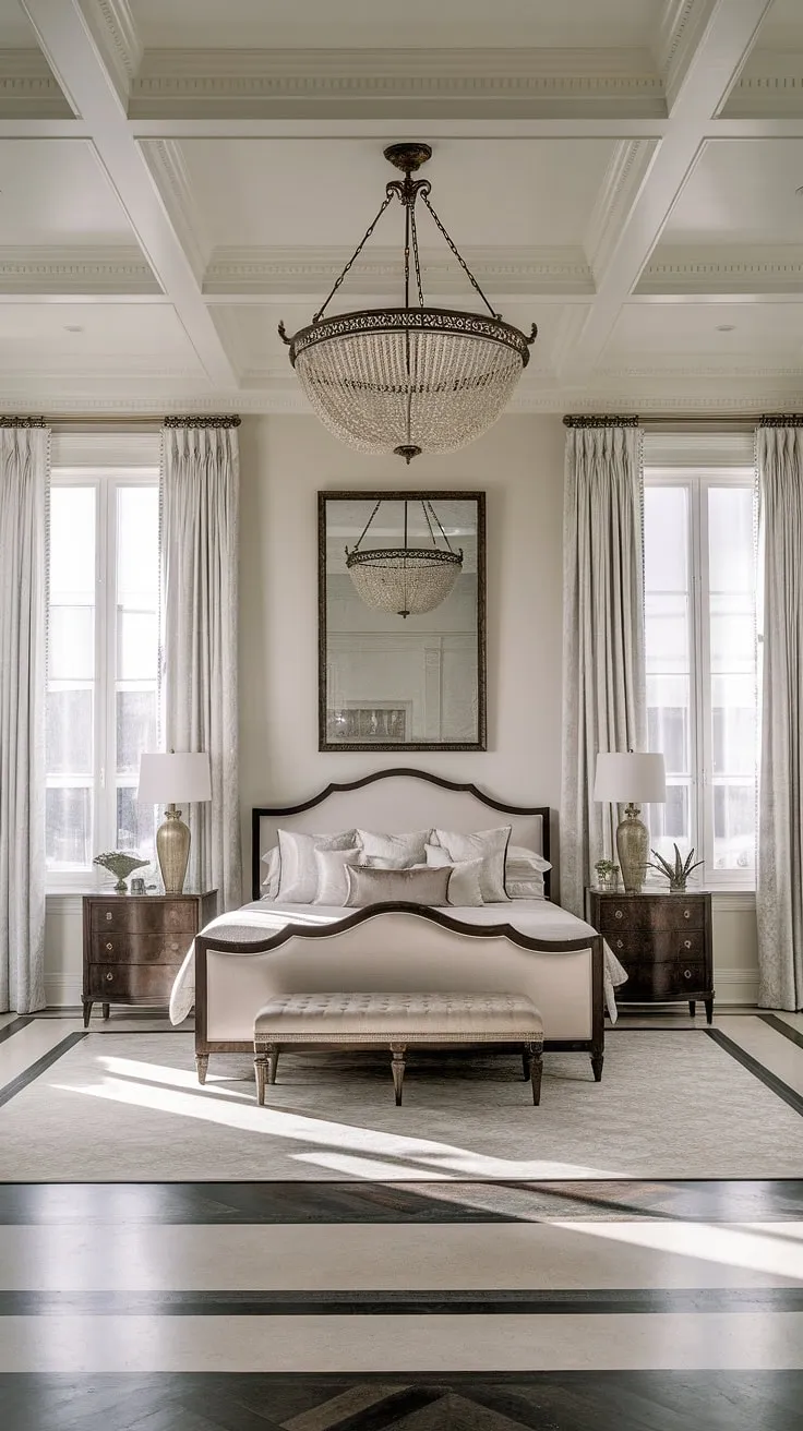 Sunlight streams through the tall windows of this neoclassical master bedroom, illuminating the ornate chandelier and the rich, dark tones of the patterned floor. The king-sized bed, a centerpiece of refined elegance, is perfectly complemented by the A-symmetrical arrangement of nightstands and the grand mirror above.