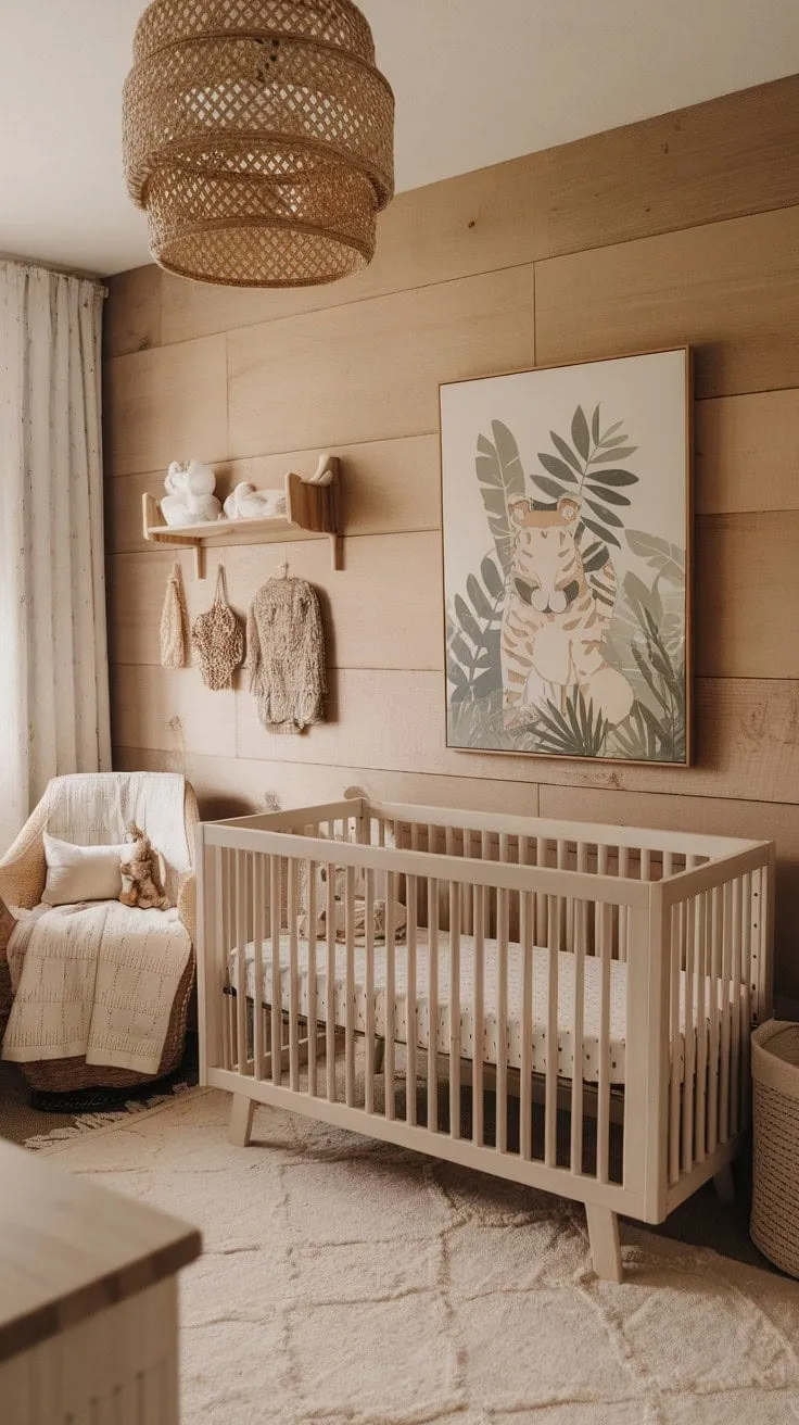 A serene nursery blends natural wood, a soothing sage and cream palette, minimalist boho design, and a playful safari theme for a perfect haven for both baby and parent.