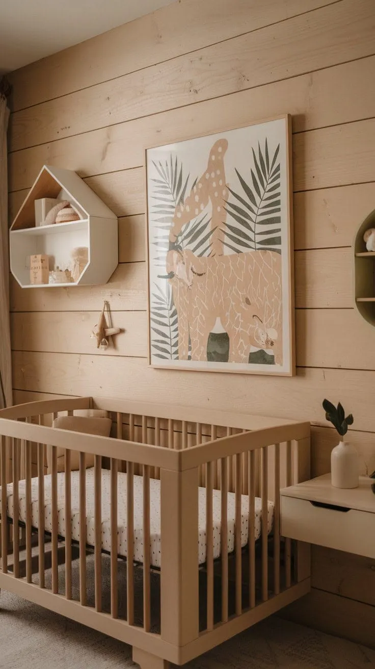 This minimalist boho nursery blends soothing sage and cream tones with natural wood accents and playful safari art, creating a serene sanctuary for sweet dreams.