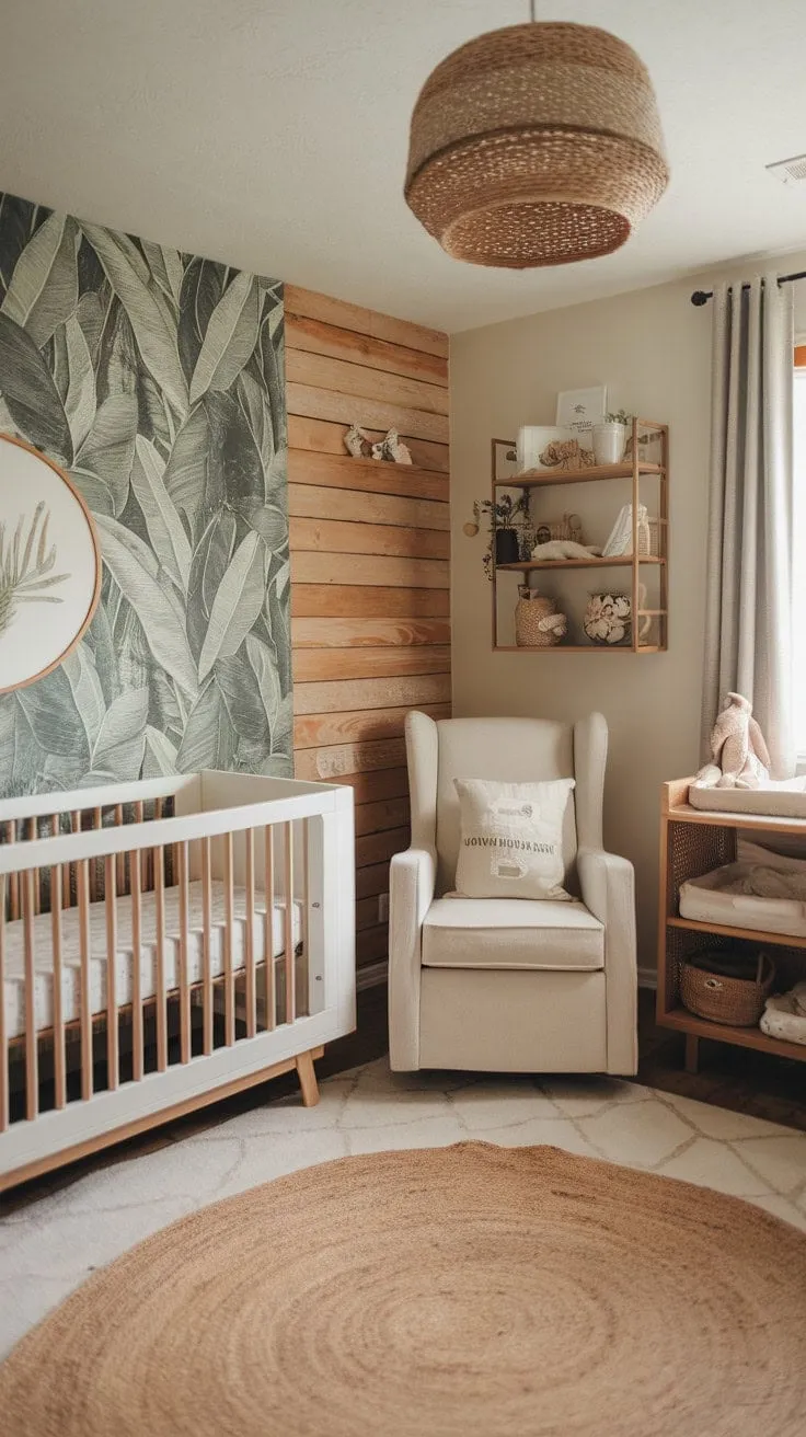 A serene nursery blends minimalist boho style with safari charm, featuring soft light, natural wood, and clever storage for a tranquil retreat for both baby and parent.