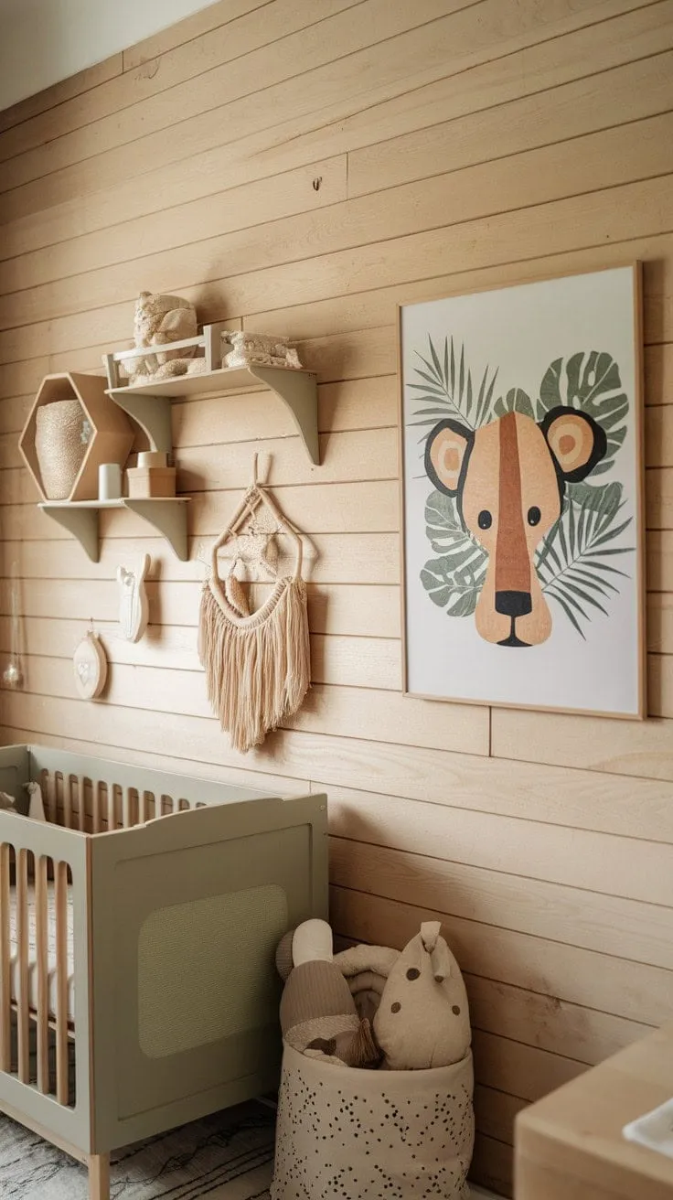 This serene minimal boho nursery blends a soothing sage cream palette with natural wood and playful safari art, creating a tranquil sanctuary for peaceful slumber.