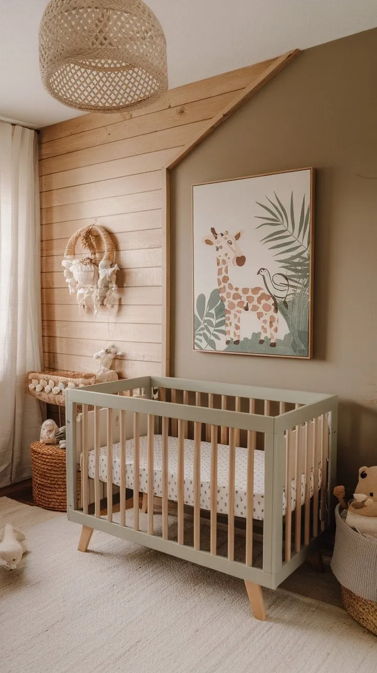 This serene 2024 baby nursery blends natural wood, a chic sage cream crib, and minimalist boho decor with clever storage, crafting a tranquil sanctuary for new beginnings.