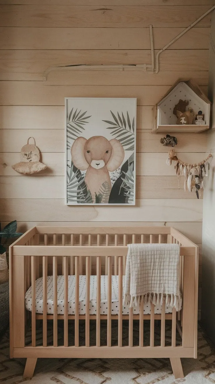 This nursery blends serene sage and cream hues with natural wood and minimal boho decor, creating a timeless, playful haven that evolves with your child.